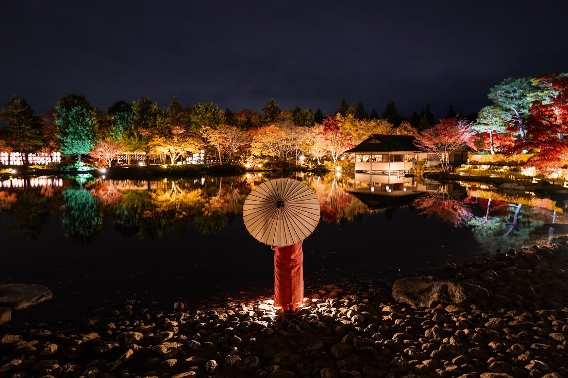 東京「国営昭和記念公園」で、ライトアップされた秋の黄葉や紅葉を楽しむ『秋の夜散歩2024』開催中